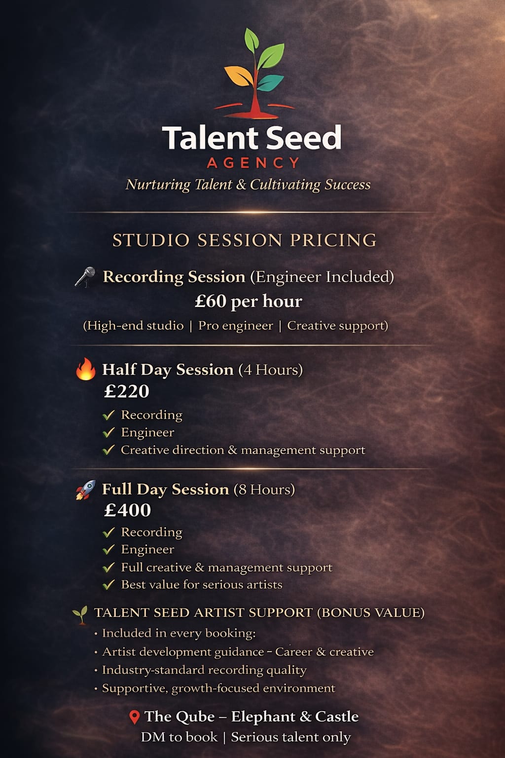 Talent Seed Agency Studio Session Pricing